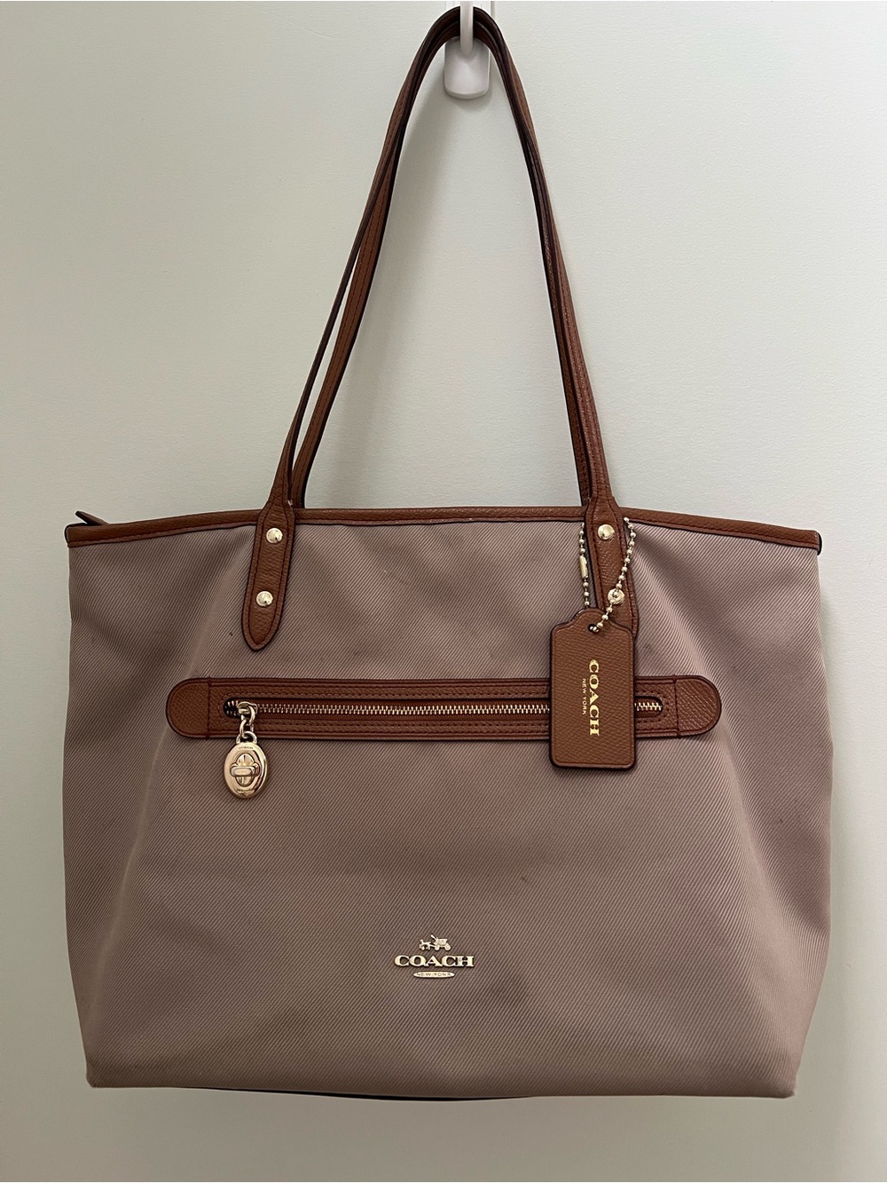 Coach Taupe Tote with Brown Leather Trim and Gold Hardware
